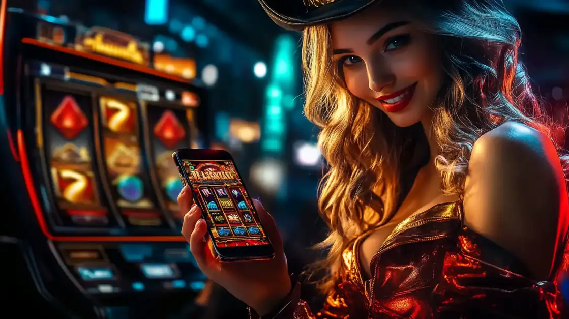 Smiling woman in cowboy hat playing mobile slot games next to casino machines