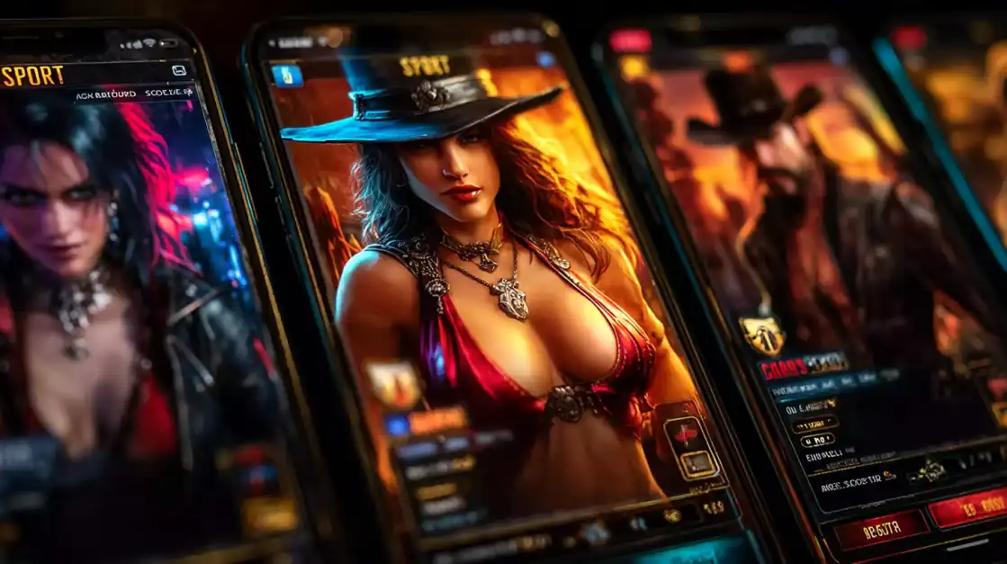 Multiple mobile phone screens displaying western-themed casino games with attractive female characters