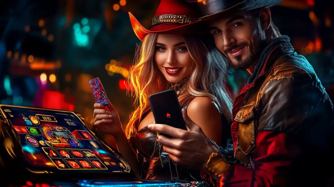 Elegant woman in black hat with gold jewelry in atmospheric casino setting