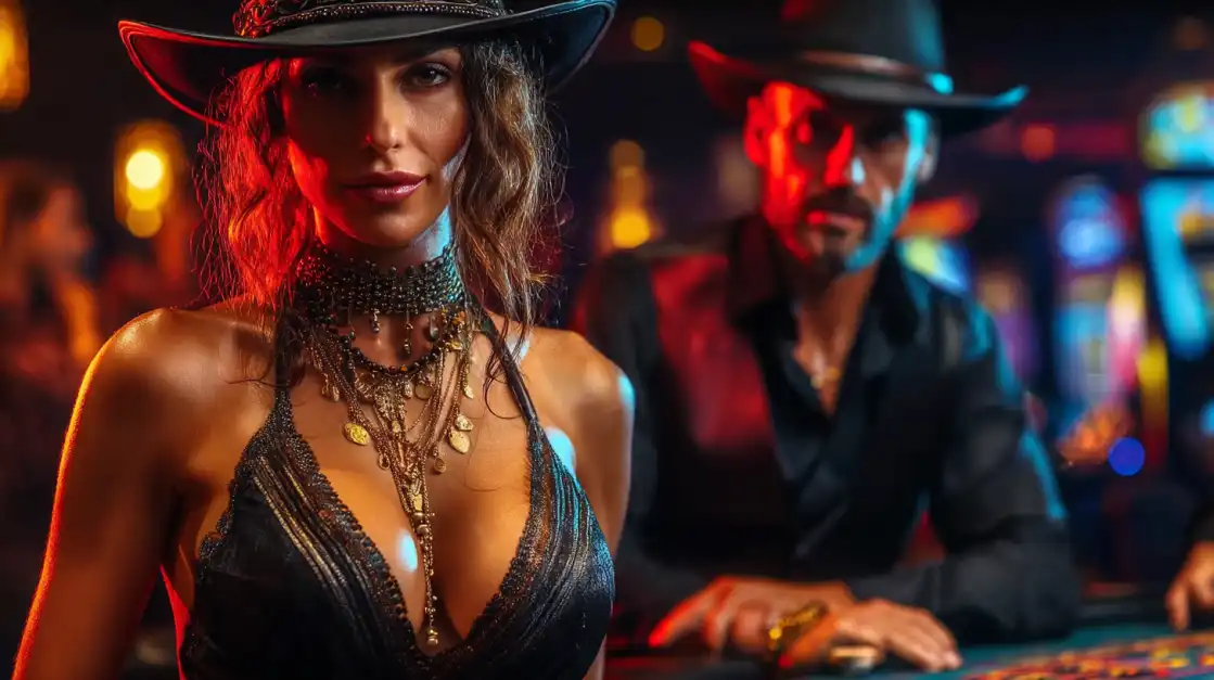Elegant woman in black hat with gold jewelry in atmospheric casino setting